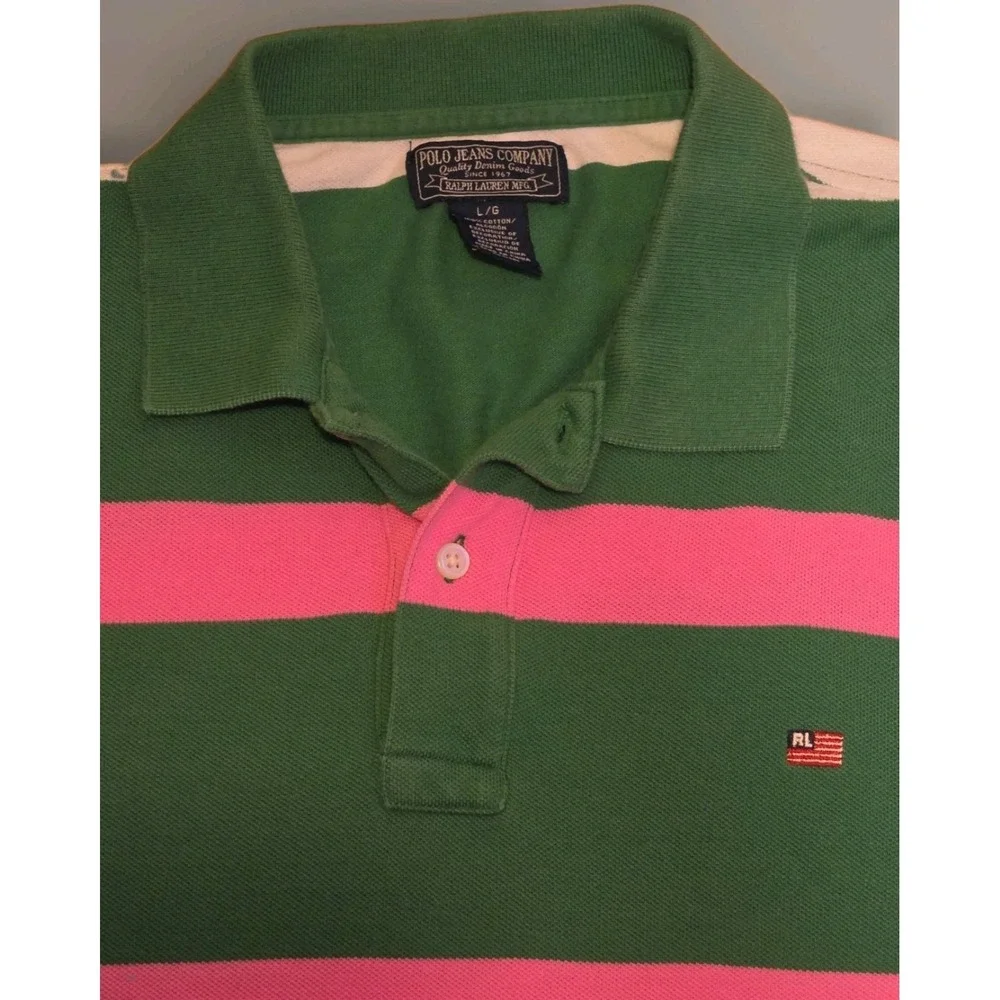 Polo Jeans Co Ralph Lauren Rugby Green Pink White Stripped Polo Shirt Vintage L